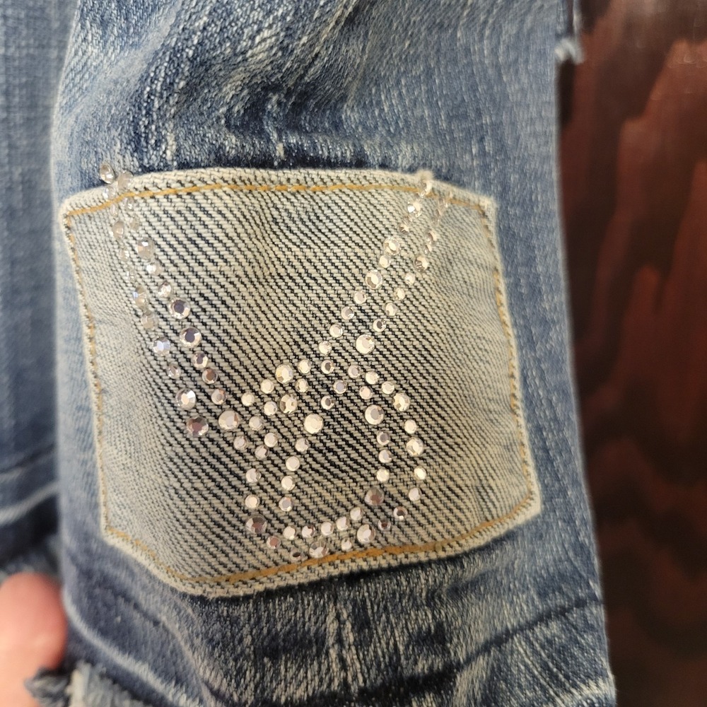 Bebe Denim Mini Skirt Raw Edge Rhinestone Accents Size 29 Y2K Vintage Bling EUC - Picture 5 of 12